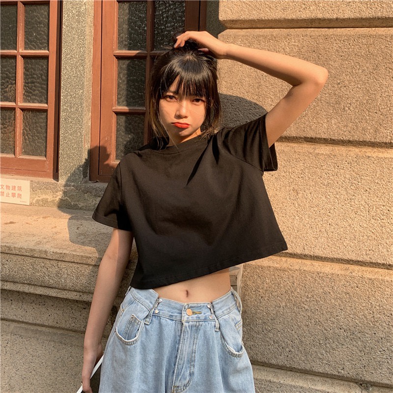 Áo croptop nữ trơn tay ngắn cổ tròn vải thun cotton kiểu hàn quốc CRT01 Miucho in hoạ tiết | BigBuy360 - bigbuy360.vn