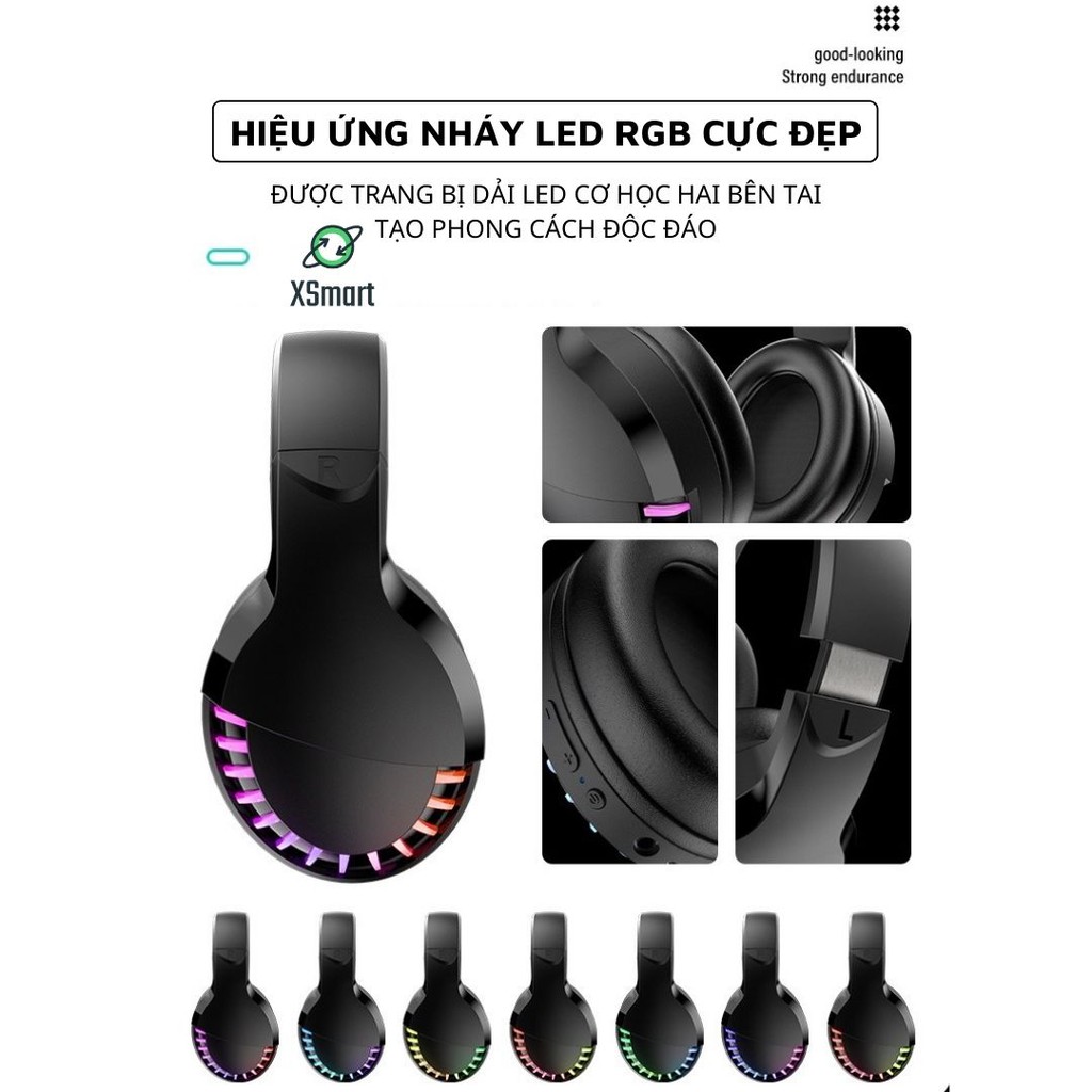 Tai nghe bluetooth headphone gaming SH33 Super Bass đèn led đổi màu RGB dùng cho điện thoại máy tính pc laptop