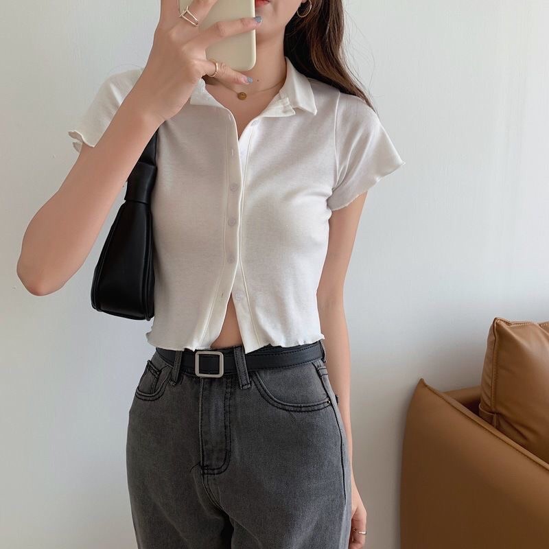 Áo Polo Tay Ngắn Dáng Croptop Trắng Cổ Bẻ Cài Nút Cực Xinh