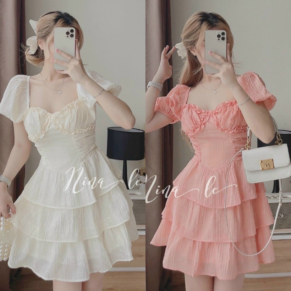 Váy đầm dự tiệc sang trọng màu trắng tay búp dáng xòe 3 tầng Linhnastore