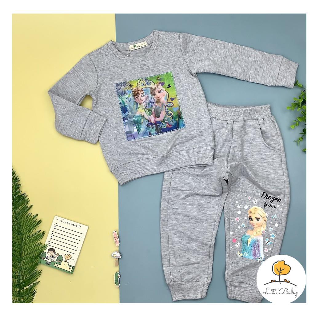Bộ nỉ da cá thu đông dài tay hình Elsa 3D bé gái size 3-10T, cho bạn từ 12-30kg. Chất cotton ấm dày dặn, đanh tay, đẹp