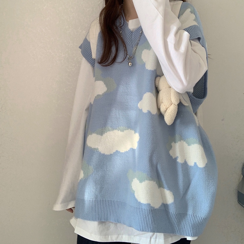 Áo gile len thụng cổ tròn màu xanh họa tiết mây trắng t shirt trắng dài tay len dài tay