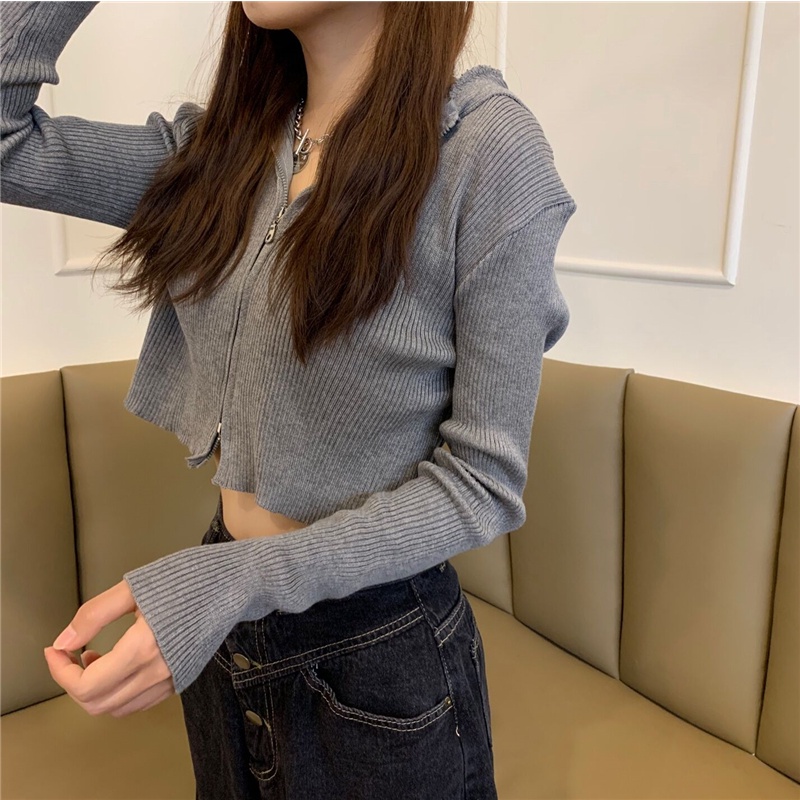 【ZHELIHANGFEI】Áo Hoodie Dài Tay Phối Khóa Kéo Eo Cao Thiết Kế Quyến Rũ Thời Trang