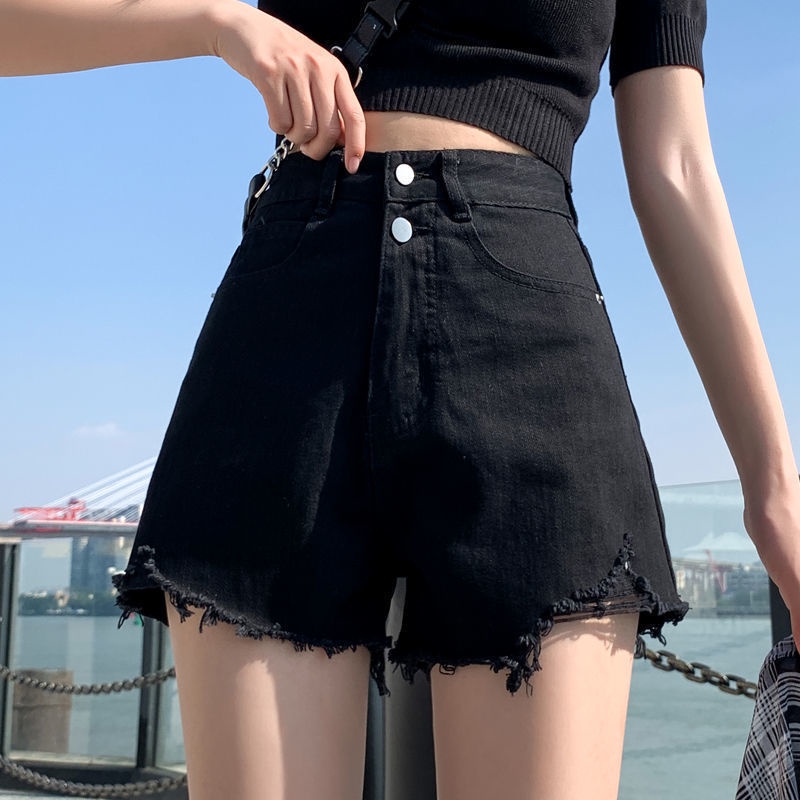 Quần short jean hình chữ A cạp cao ống rộng phối rách phong cách mùa hè Hàn 2021 mới cho nữ