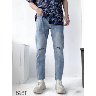 Quần Jean Skinny Nam Xanh Rách Gối Chất Bò Co