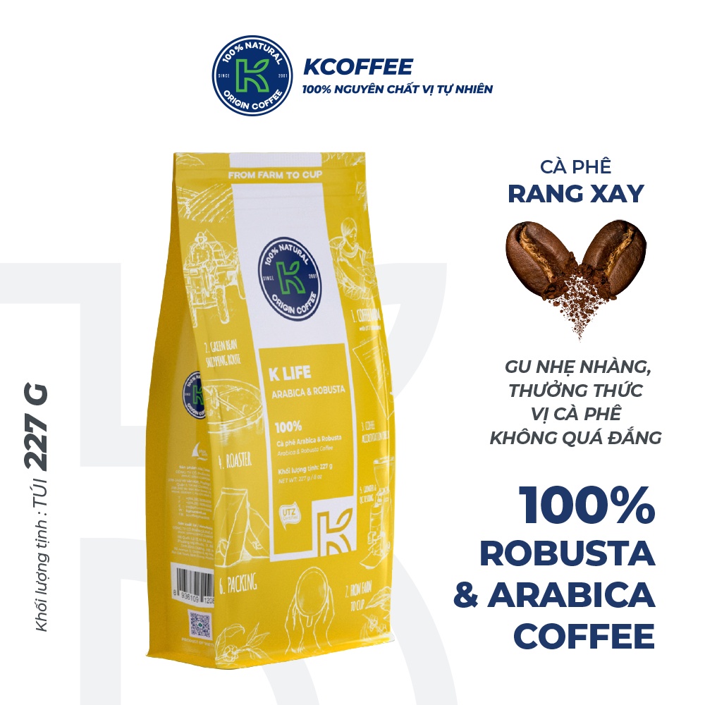 Cà phê rang xay nguyên chất xuất khẩu K Life 227g thương hiệu K COFFEE