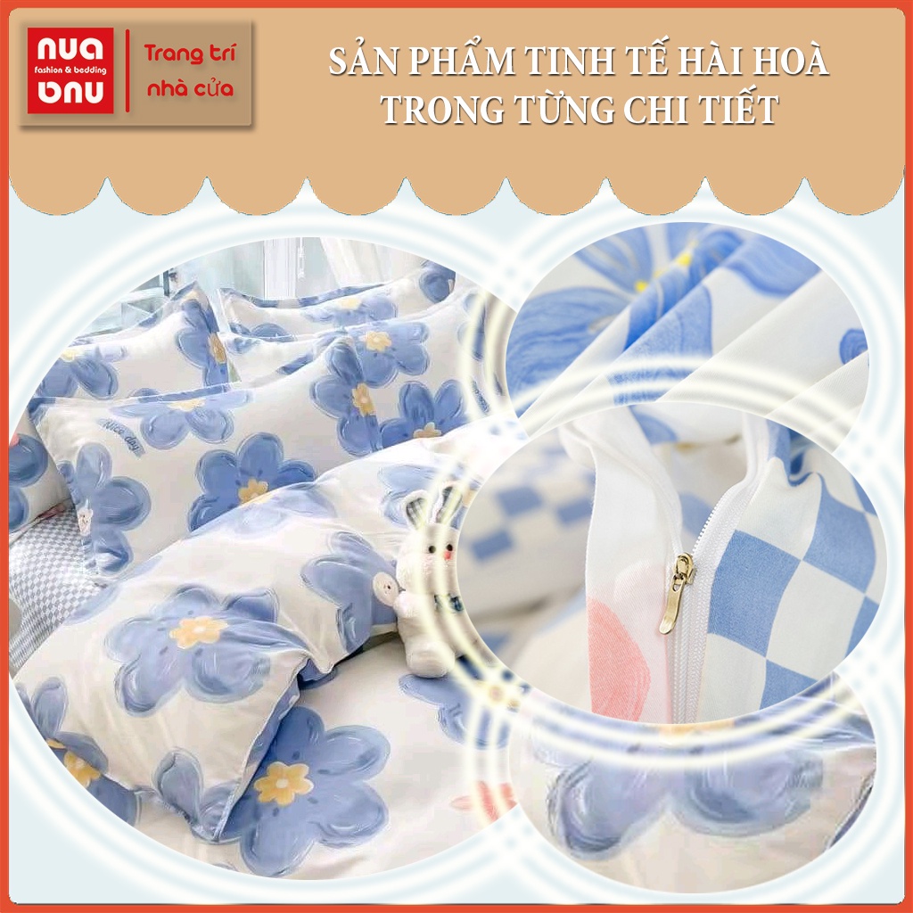Bộ vỏ chăn ga gối cotton ga giường caro cute hoa lá chất poly mịn mát bọc đệm nệm lồng ruột chăn trang trí giường ngủ