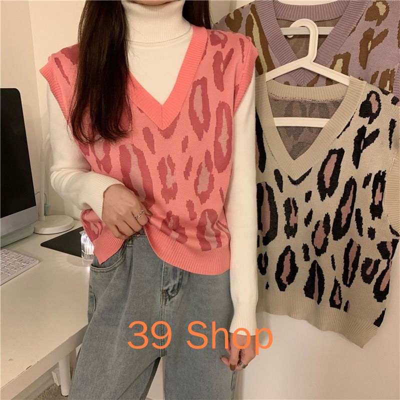 Áo Sweater Không Tay Cổ Chữ V Dáng Rộng In Họa Tiết Da Báo Thời Trang Hàn Quốc Dành Cho Nữ 3462