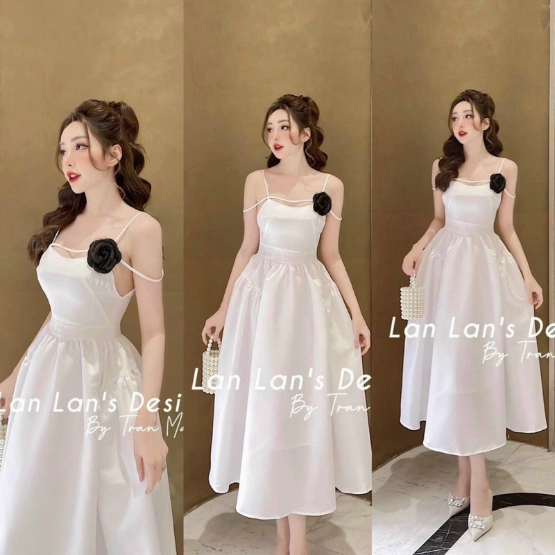 Váy trắng hai dây rớt vai dự tiệc sang trọng kèm tag hoa chất đũi lụa V288 form chuẩn AĐ BOUTIQUE