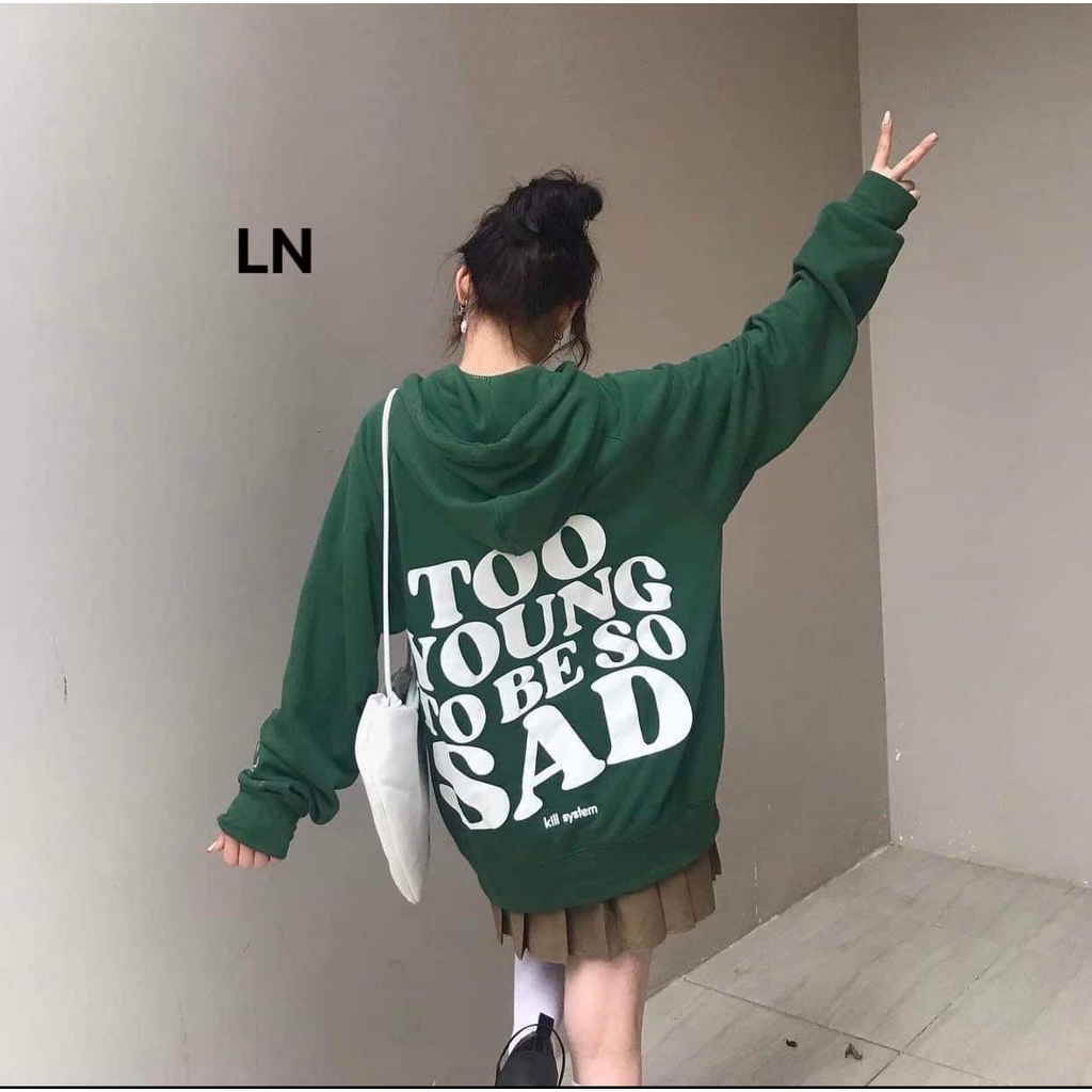 Áo hoodie  Nữ in chữ Too young  Áo nỉ cotton form đại tay bồng