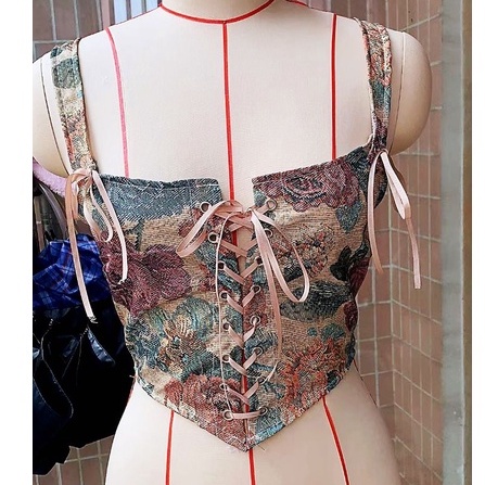 Áo Croptop Cột Dây In Họa Tiết Phong Cách Retro Hàn Quốc Xinh Xắn Cho Nữ