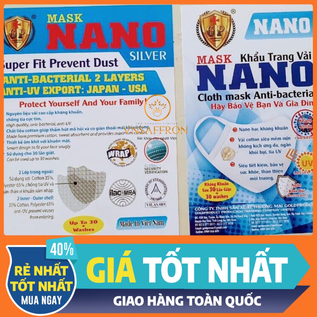 [10 cái] Khẩu trang vải kháng khuẩn 2 LỚP NANO SLIVER cao cấp giấy tờ kiểm định kèm theo đầy đủ tái sử dụng 30 lần giặt