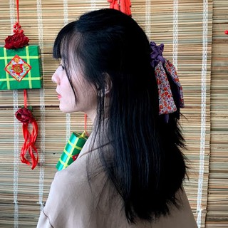 Dây cột tóc pelta scrunchies nơ dài tím mộng mơ