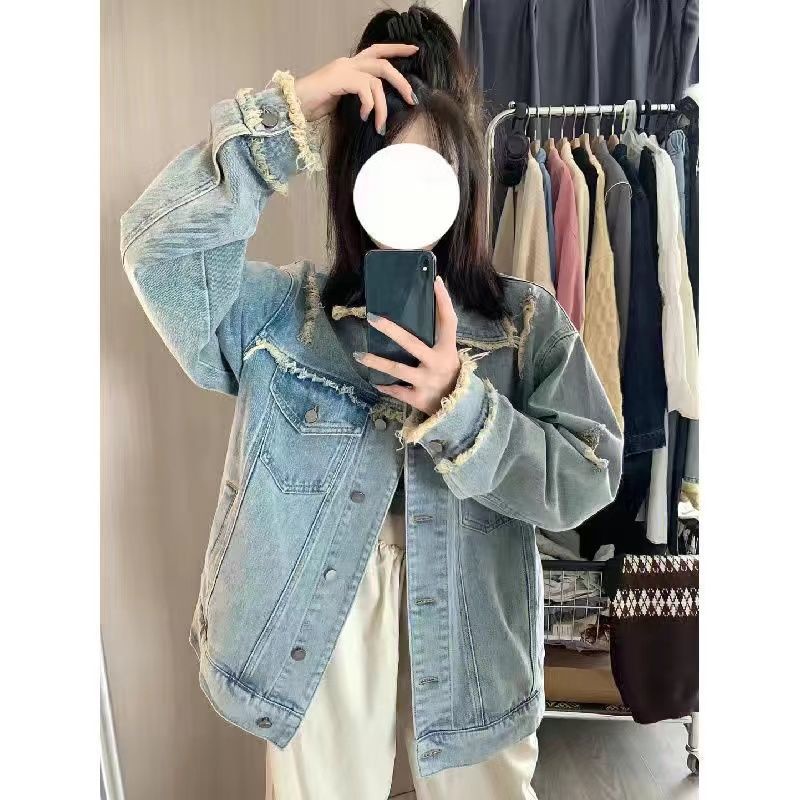 Jiashucheng Áo Khoác Denim Tay Dài Dáng Rộng Kiểu Retro Hồng Kông Dễ Phối Đồ Cho Nữ