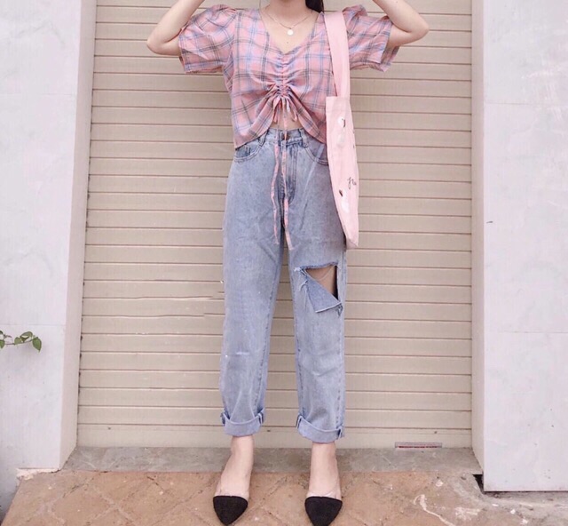 Quần slim baggy jeans xẻ đùi gấp ulzzang kèm ảnh thật