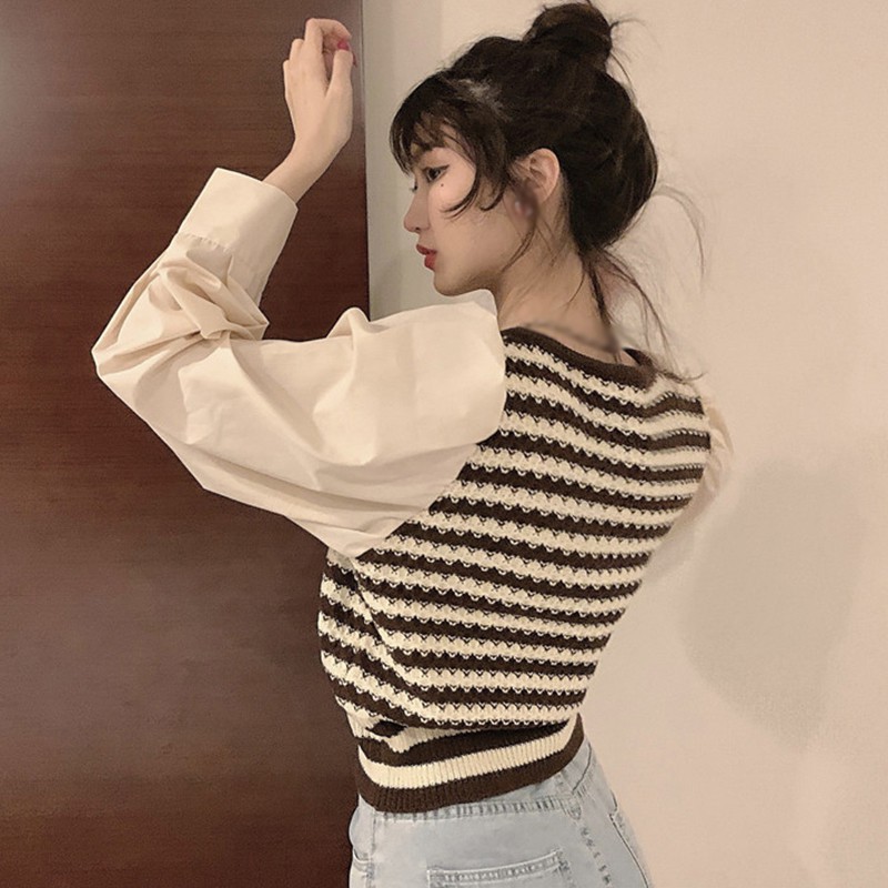 Áo Sweater Dài Tay Cổ Chữ V Kẻ Sọc Xinh Xắn Dành Cho Nữ
