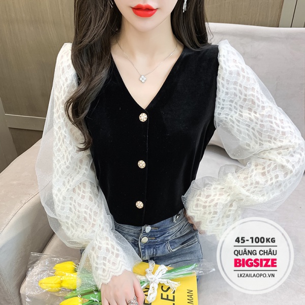 BIGSIZE nữ (45-70kg) Áo ren - Áo sơ mi kiểu ren đẹp cá tính tay dài phồng cổ chữ V phối màu đen thời trang thanh lịch cho nữ - Phong cách Hàn Quốc - quảng châu cao cấp