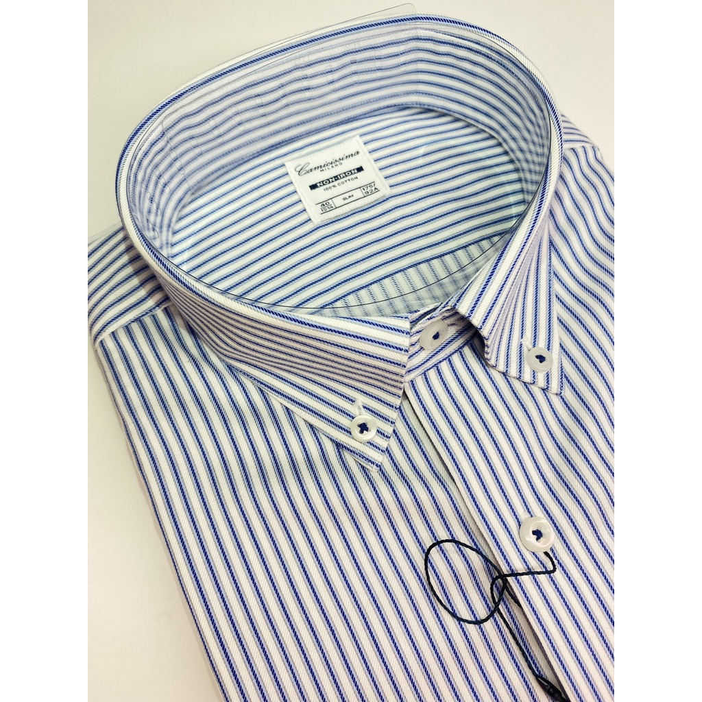 Áo Sơ Mi Nam Tay Ngắn CAMICISSIMA Xanh Sọc Form Slim Fit 100% Cotton Dòng Non-iron - NISFBLCR11039