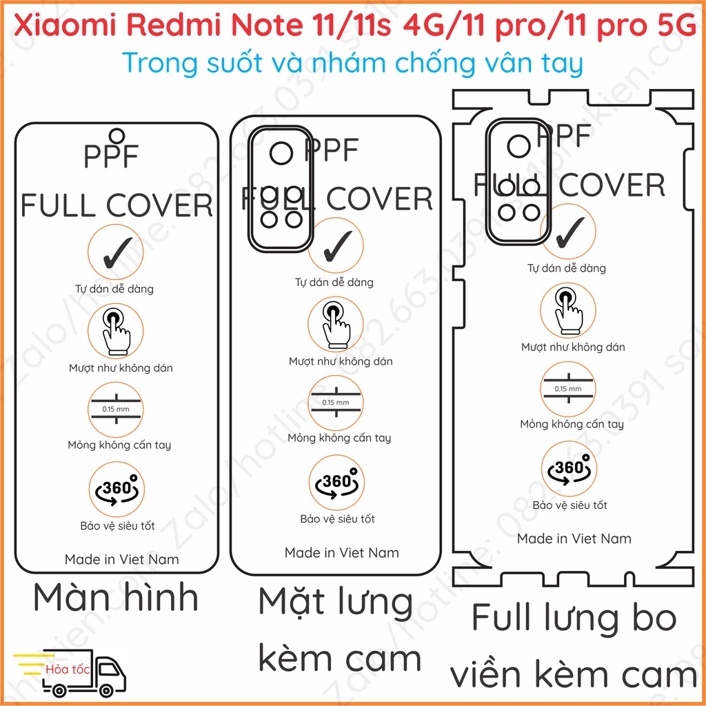 Dán PPF Xiaomi redmi note 11 / 11s 4G/11s 5G/11 pro/ 11 pro 5G loại trong, nhám dành cho màn hình, mặt lưng, lưng bo viề