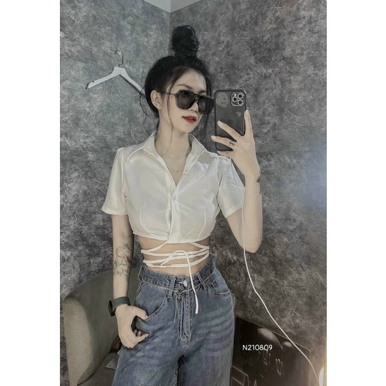 Áo sơmi dây buộc chéo eo sexy hai màu, Áo sơ mi croptop nữ tay ngắn dây buộc eo cổ đức cài nút 💕💕💕💕Uk capnhatxuhuong