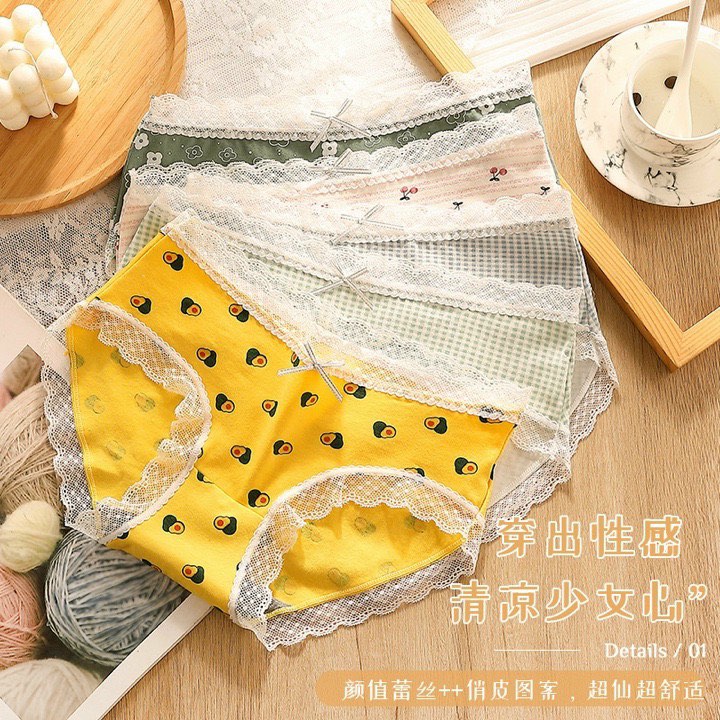 Quần lót nữ thun hình cute cao cấp phối viền ren dễ thương, mặc siêu thích và mềm mại ( Mua 5 tăng 1 )