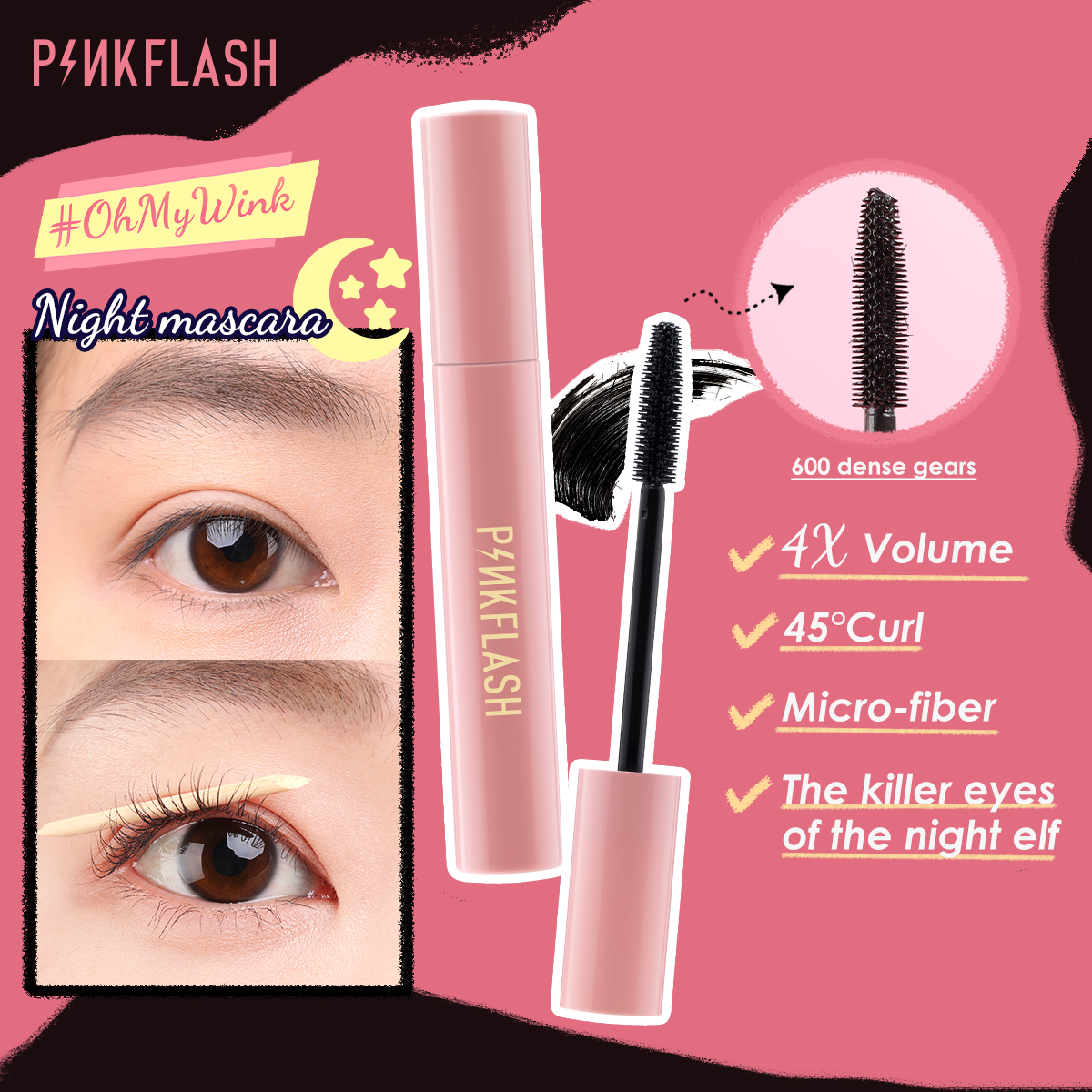 Mascara PINKFLASH trang điểm cho ban đêm/ban ngày chống thấm nước chất lượng cao tiện dụng