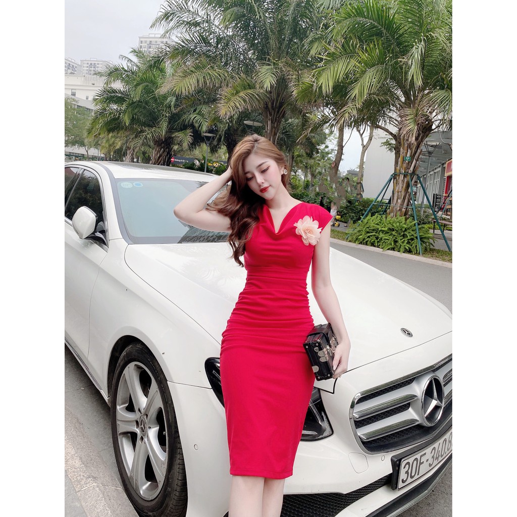 Đầm body đỏ dáng ôm tay ngắn cổ chéo  cao cấp sang chảnh công sở | BigBuy360 - bigbuy360.vn