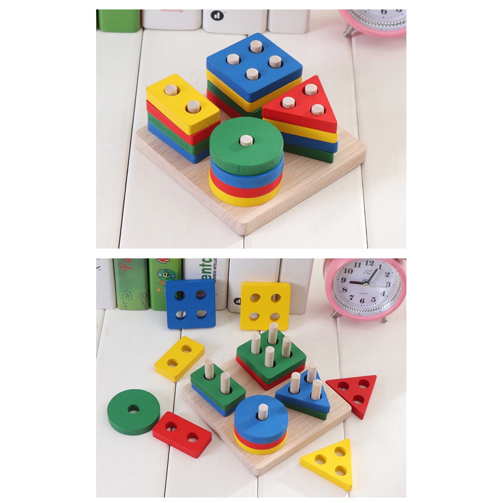 Bộ xếp hình montessori thả khối 4 cọc trụ bằng gỗ