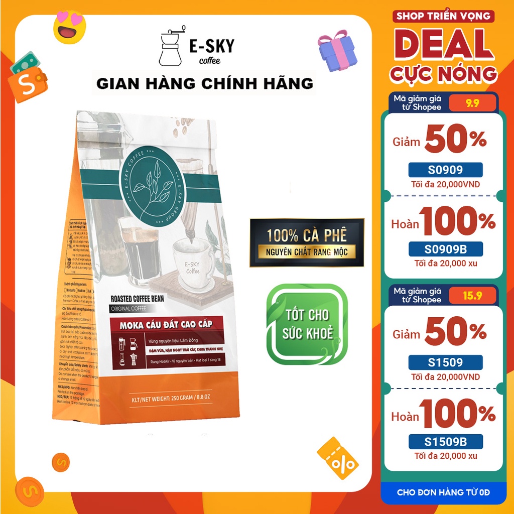 Cà Phê Rang Xay Nguyên Chất Moka Cầu Đất E-sky Coffee Cafe Pha Phin Pha Máy Cold Brew 250g-500g