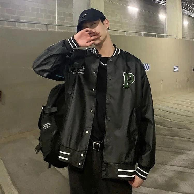 Áo bomber varcity jacket dạ phối tay da in chữ P from rộng, áo bomber thể thao nam nữ unisex, áo khoác bomber jacket...