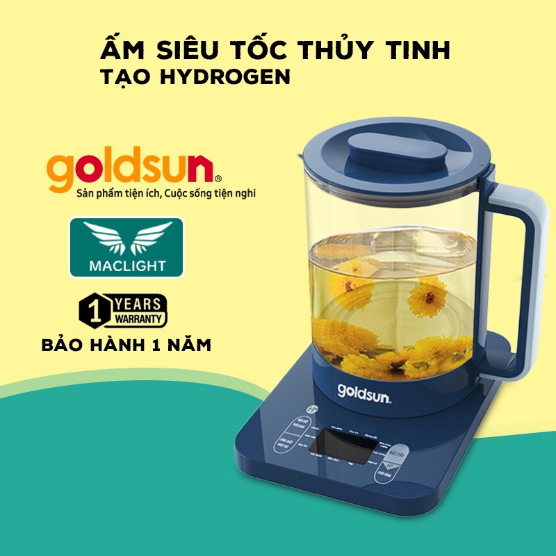 Ấm đun nước thủy tinh tạo Hydrogen Goldsun công suất 800W với 10 chế độ nấu, dung tích 1.7L | Maclight