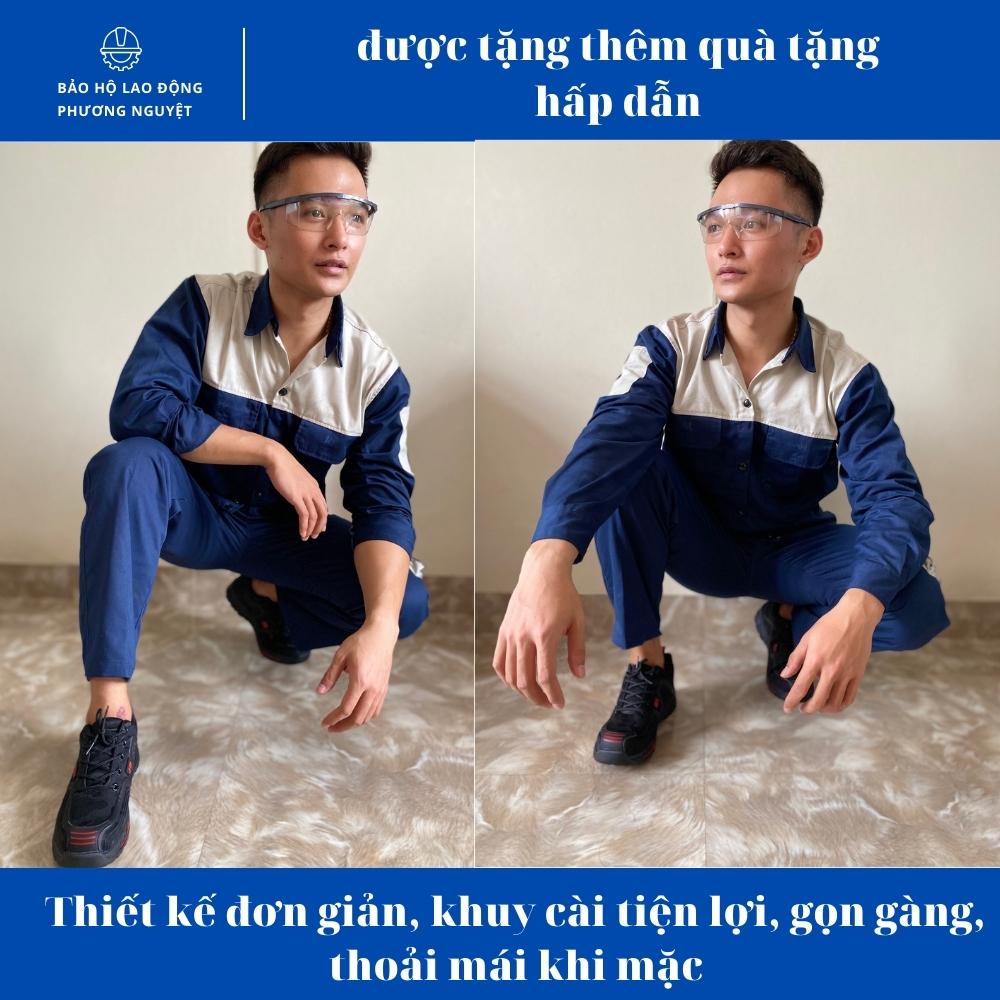 Quần áo bảo hộ lao động tím than phối ghi Kaki 3/1, quần áo kỹ sư mặc thoáng mát, không bai, không xù, không dão