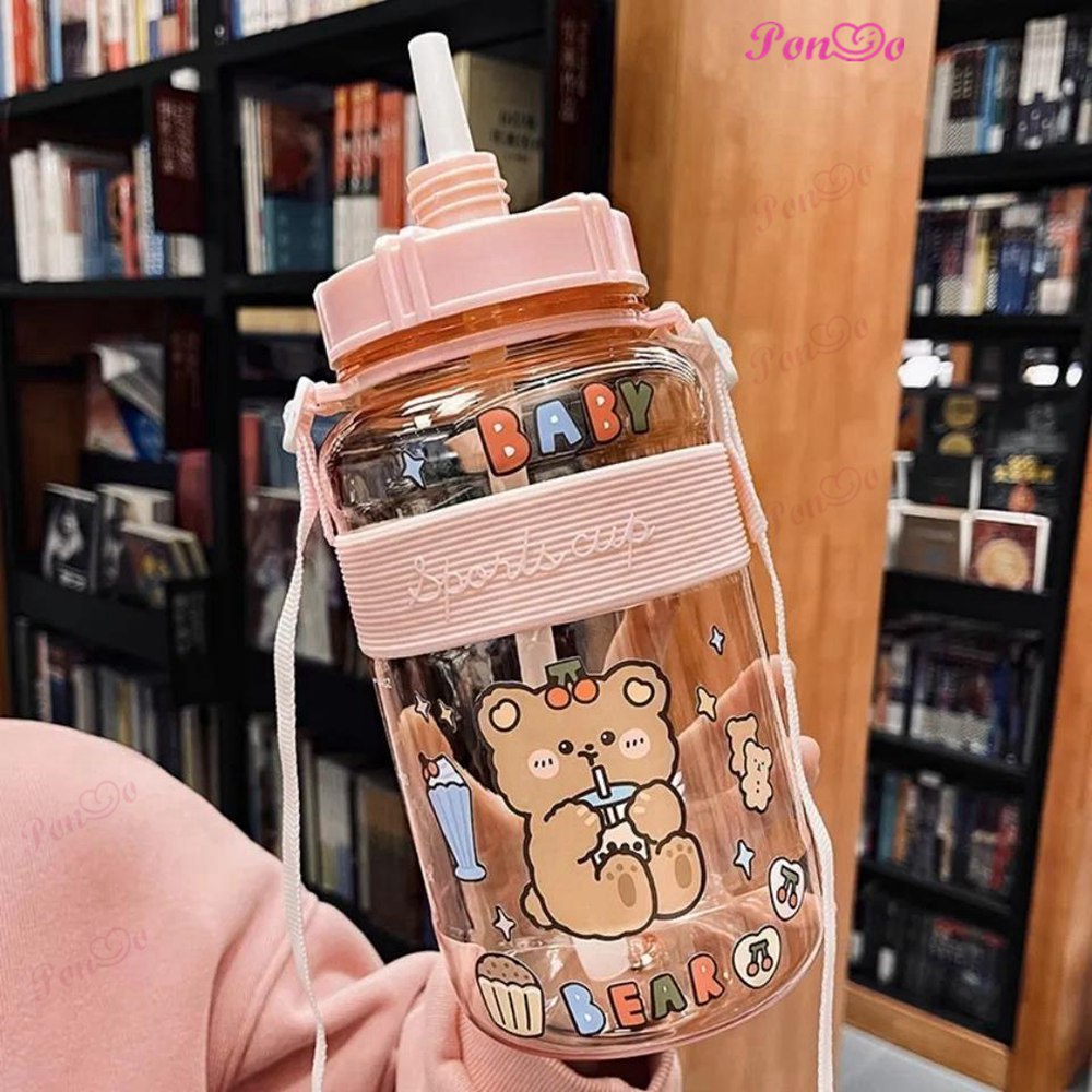 Bình Đựng Nước Thể Thao 600ml 1000ml 1500ml 2000ml Kèm Miếng Dán Hình Gấu Dễ Thương