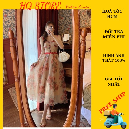 Đầm maxi voan hoa 2s ren, váy xoè eo viền ren đính nút có lót kèm mút - Maxi HQ store