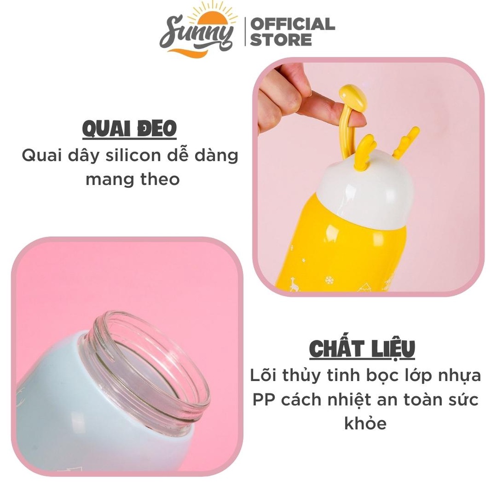 Bình nước giữ nhiệt tai hươu cute lõi thuỷ tinh bọc nhựa dung tích 380ml decor bàn học BN14