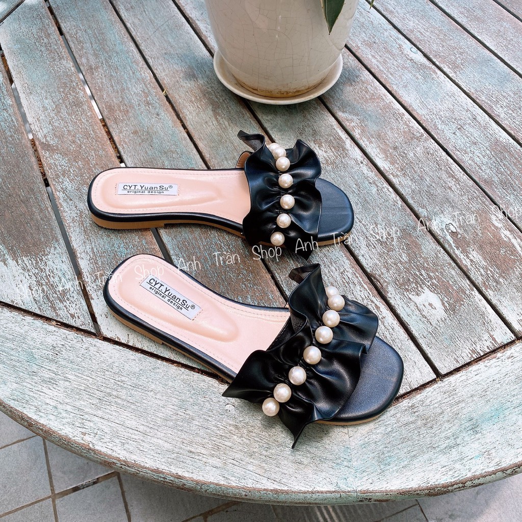 Dép nữ quai ngang bèo nhún đính ngọc Quảng Châu cao cấp DE2388