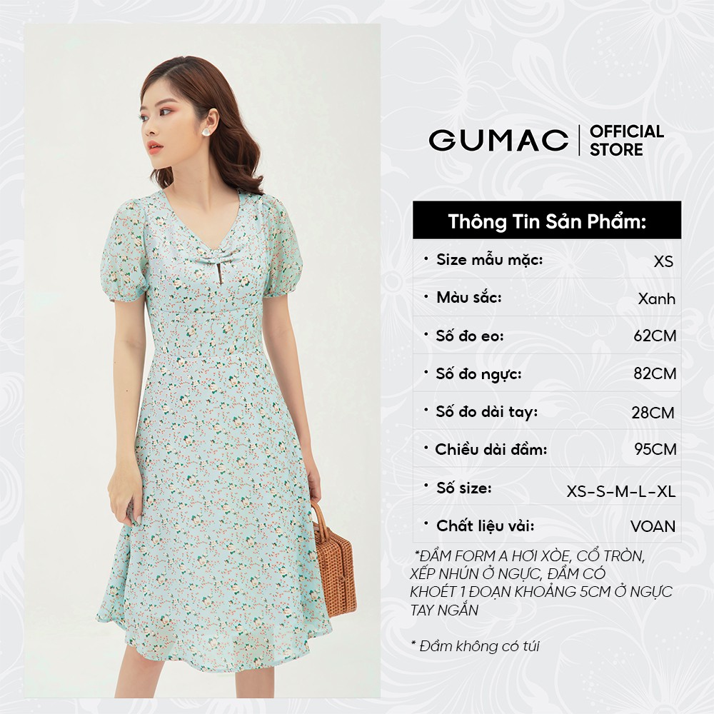 [Mã MABR07062 giảm 8% tối đa 50K đơn từ 249K] Đầm xòe nữ họa tiết hoa nhún ngực GUMAC màu xanh, đủ size DB380 | BigBuy360 - bigbuy360.vn