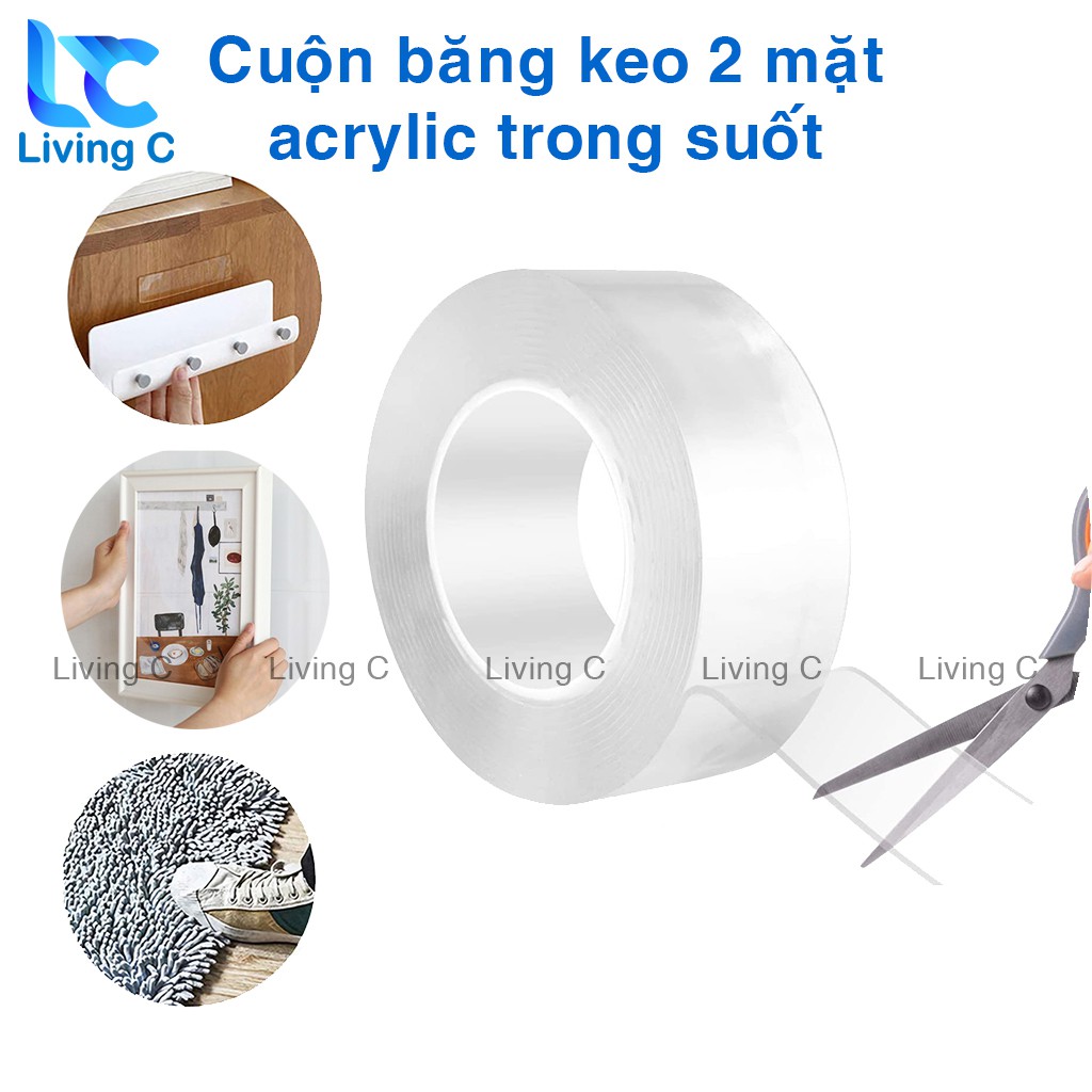 Cuộn băng keo 2 mặt acrylic trong suốt Living C CBK, băng keo dán tranh gán gương treo tường siêu dính