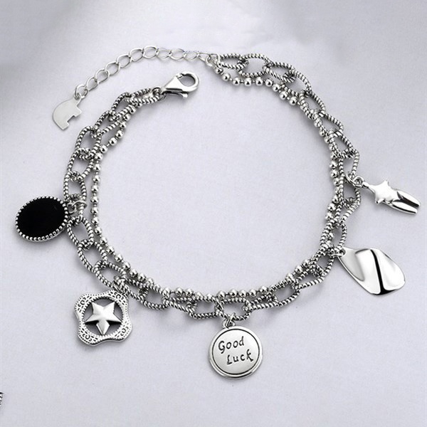 Lắc tay bạc nữ 2 dây mix đá đen chất liệu bạc Thái 925 thời trang phụ kiện trang sức nữ VIễn Chí Bảo L000243x