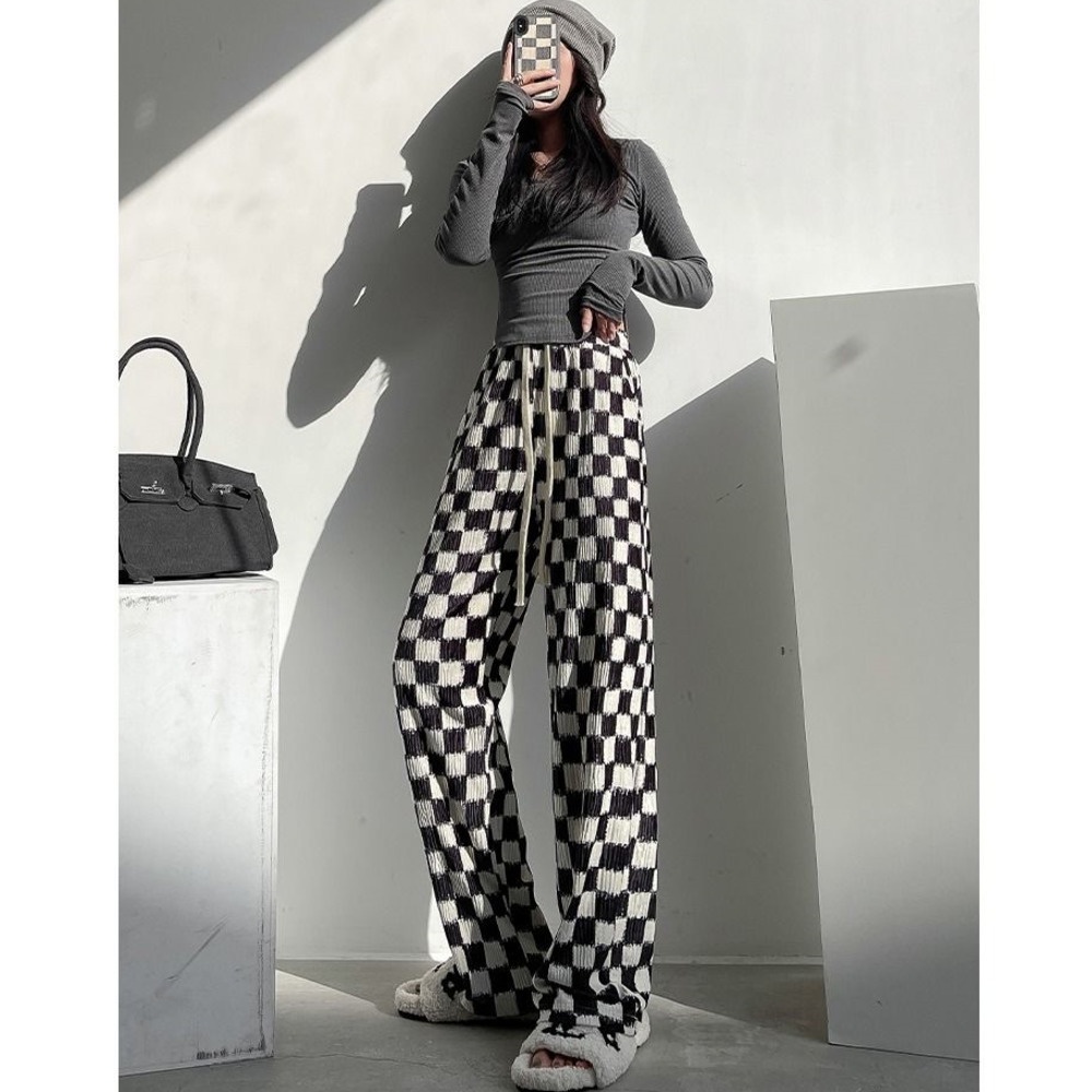 Quần Dài Lưng Cao Ống Rộng Họa Tiết Sọc Caro Trắng Đen Thời Trang Xuân Hè Cá Tính Cho Nữ