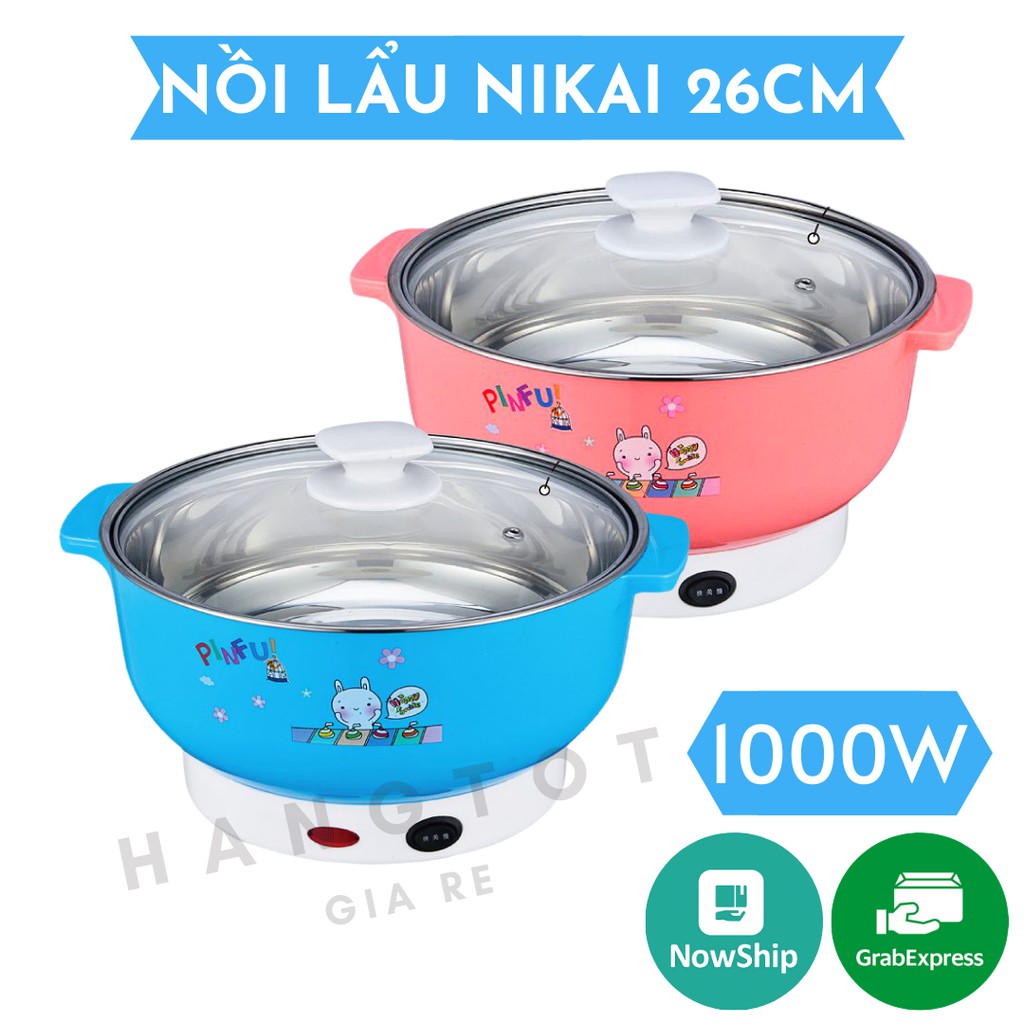 Nồi lẩu điện mini 26cm Nikai vung kính 1000W -  Nồi lẩu đa năng gia đình 26cm siêu tốc BẢO HÀNH 6 THÁNG