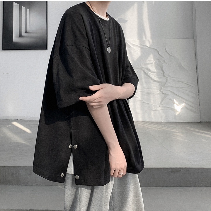 Áo Thun Tay Lỡ Unisex Xẻ Tà Cotton Thoáng Mát,Áo Phông Dáng Rộng Phối Cúc Nam Nữ Phong Cách Hàn Quốc