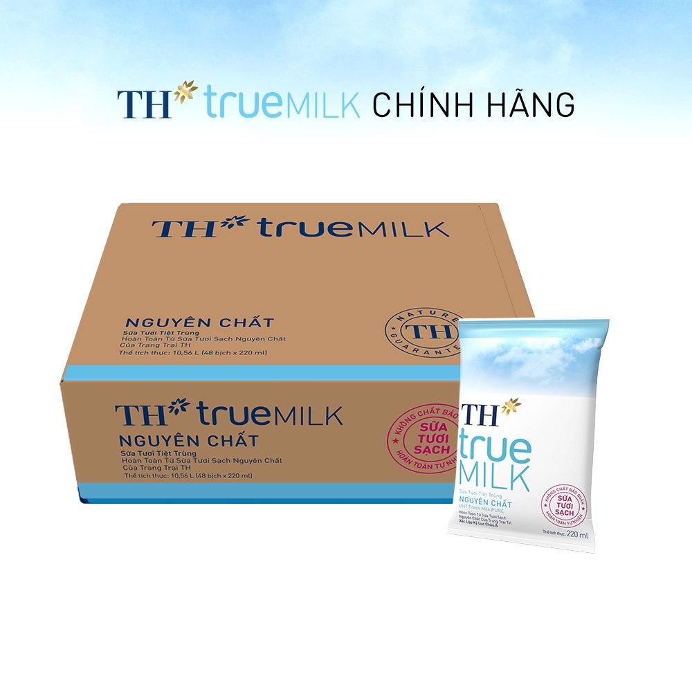 Thùng 48 bịch sữa tươi sạch nguyên chất TH True Milk bịch giấy 220ml (220ml x 48)