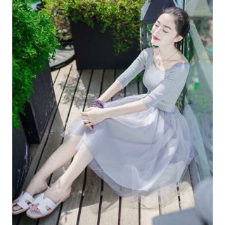 Đầm thun gân phối lưới