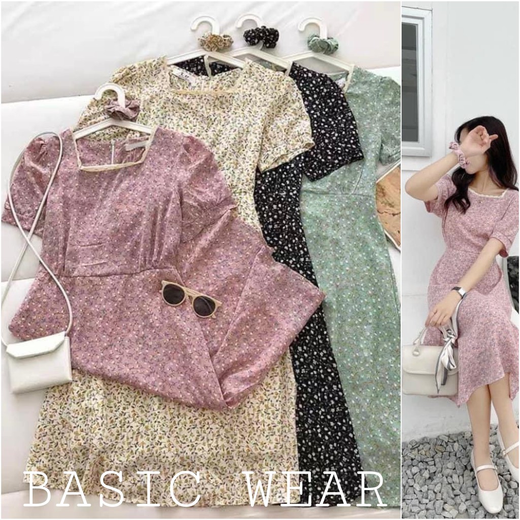 [Ảnh thật] Đầm - váy hoa nhí cổ ren kèm chun turban buộc tóc