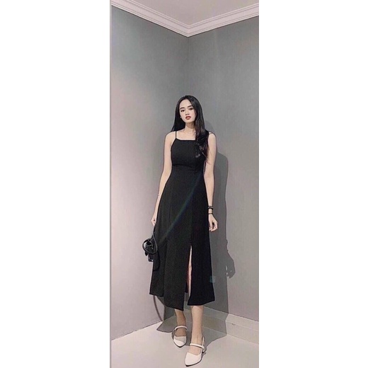 Đầm maxi đen trơn phối 2 dây hở lưng sexy, quyến rũ