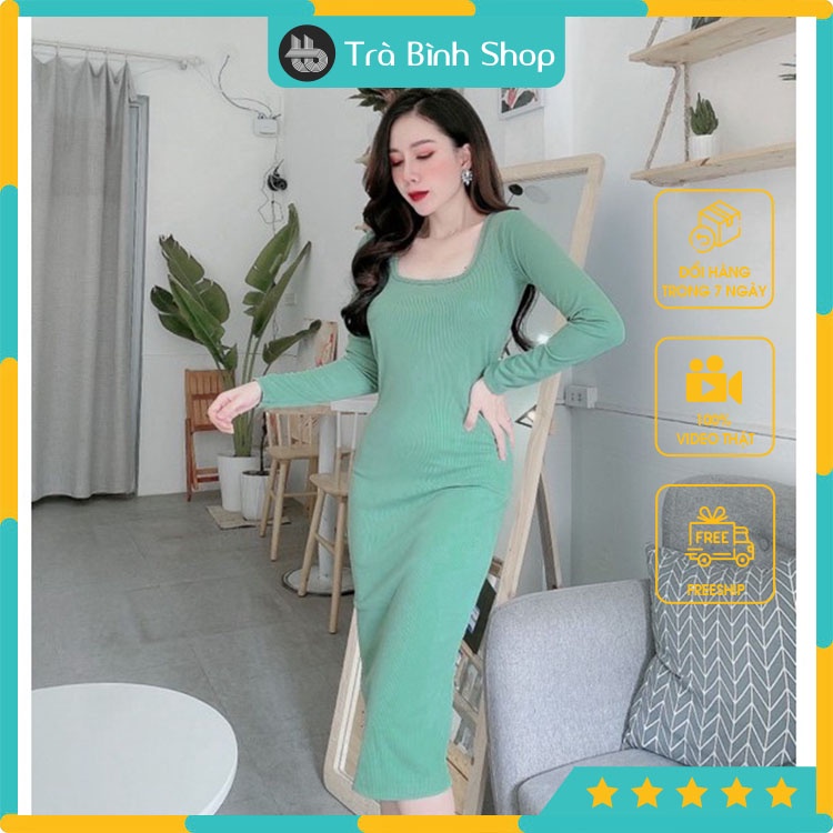 Váy Len Tăm Body Dáng Dài Cổ Vuông Đầm Len Cổ Vuông Quyễn Rũ Sang Trọng