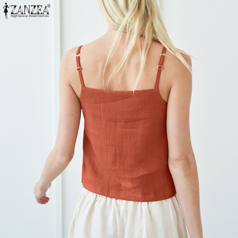 Áo hai dây ZANZEA cổ chữ V màu trơn phong cách thời trang nữ tính