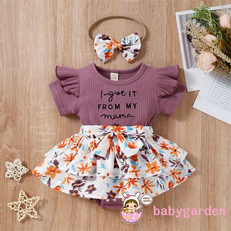 Bộ Áo Liền Quần Tay Ngắn Phối Bèo In Hoa Và Băng Đô Cài Tóc Xinh Xắn Cho Bé Gái 0-2 Tuổi