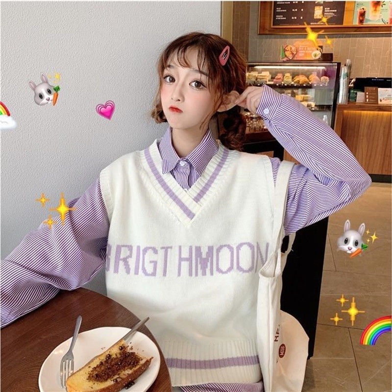 Set áo sơ mi dài tay và áo khoác len không tay thời trang dành cho nữ